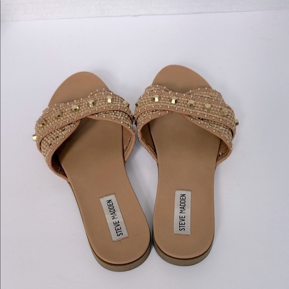 Steve Madden Tan Gold Slide Embellished Sandals Size 9 - Picture 4 of 10